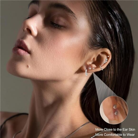 Gold flat back cartilage earrings set hypoallergenic hoop stud piercing - Picture 3 of 7